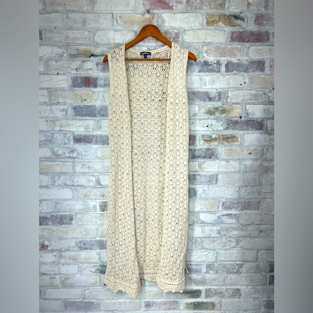 Freshman Cream Crochet Long Open Front Cardigan Vest